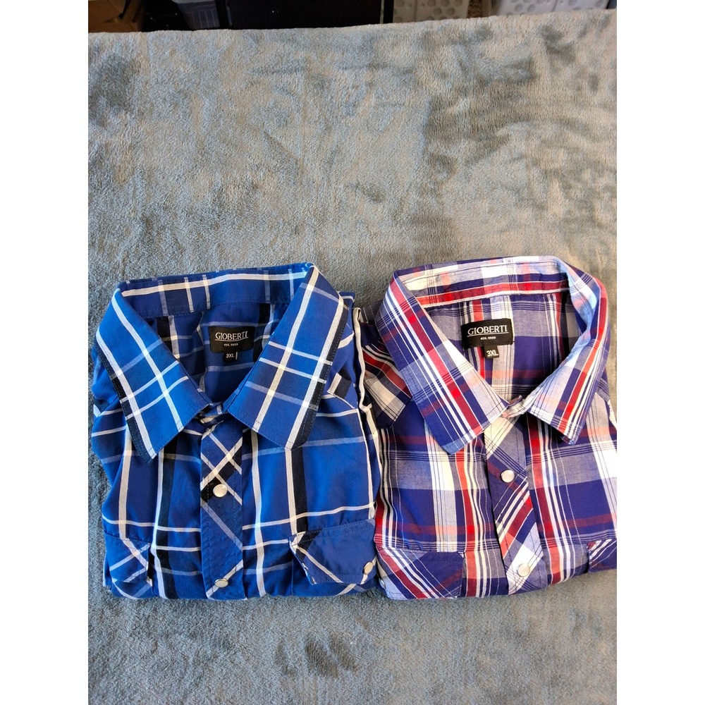 Lot of 2 Gioberti Mens 3XL‎ Western Pearl Snap Plaid Long Sleeve Shirts Blue Red
